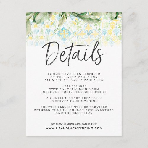 Elegant Lemon Grove Boho Wedding Guest Details Enclosure Card
