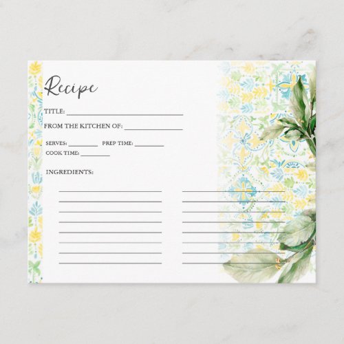 Elegant Lemon Grove  Bridal Shower Recipe Card