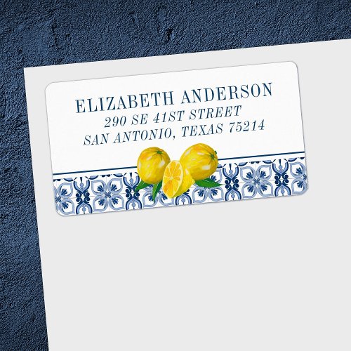 Elegant Lemon Italian Blue Tile  Label