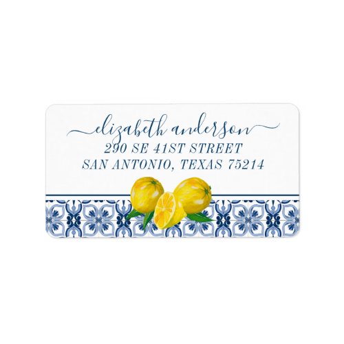 Elegant Lemon Italian Blue Tile Return Address Label