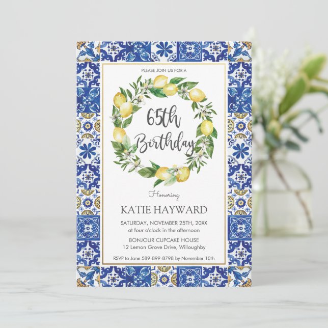 Elegant Lemon Mediterranean 65th Birthday Party  Invitation (Standing Front)
