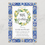 Elegant Lemon Mediterranean 90th Birthday Party Invitation<br><div class="desc">Personalize this chic Lemon azure 90th birthday party invitation with your party details easily and quickly, simply press the customise it button to further re-arrange and format the style and placement of the text.  Featuring watercolor lemon wreath and a beautiful mediterranean azure mosaic tiles backside design. Matching items available in...</div>