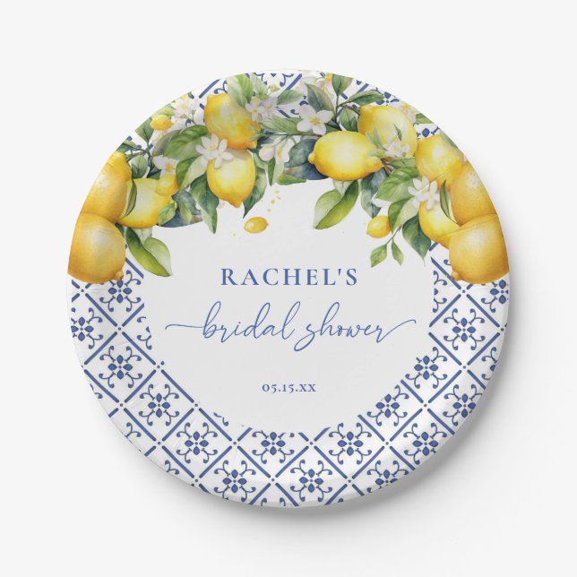 Elegant Lemon Mediterranean Bridal Shower Paper Plates (Front)