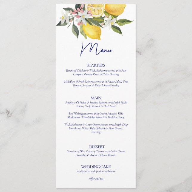 Elegant Lemon Mediterranean Wedding  Menu (Front)
