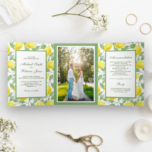 Elegant Lemon Orchard Greenery Wedding Photo Tri-Fold Invitation
