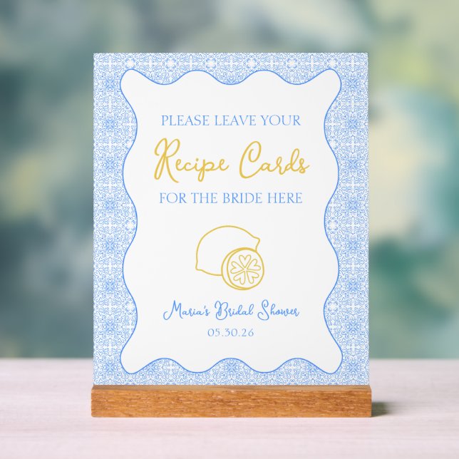 Elegant Lemon Recipe Card Sign for Bridal Showers (Neutral)
