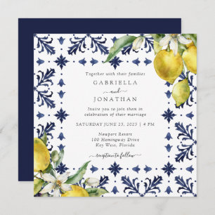 Elegant Lemon Watercolor Blue Tile Wedding Invitation