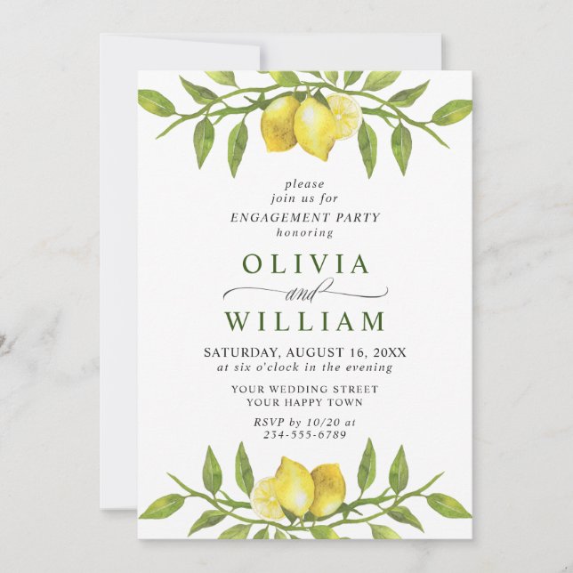Elegant Lemon Watercolor Greenery ENGAGEMENT PARTY Invitation (Front)