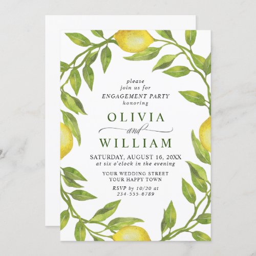 Elegant Lemon Watercolor Greenery ENGAGEMENT PARTY Invitation