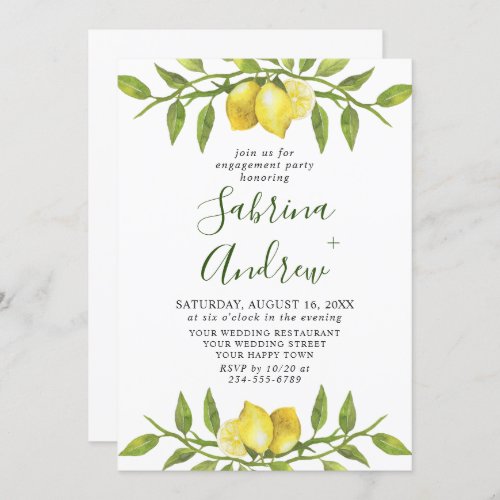 Elegant Lemon Watercolor Greenery ENGAGEMENT PARTY Invitation