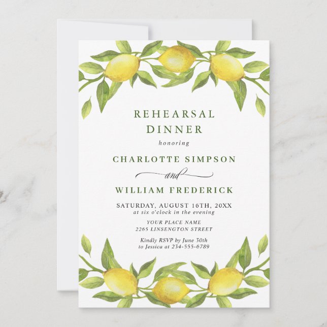 Elegant Lemon Watercolor Greenery REHEARSAL DINNER Invitation (Front)