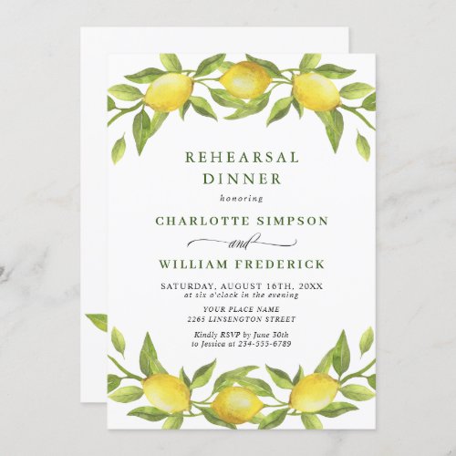 Elegant Lemon Watercolor Greenery REHEARSAL DINNER Invitation