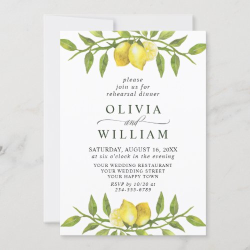 Elegant Lemon Watercolor Greenery REHEARSAL DINNER Invitation