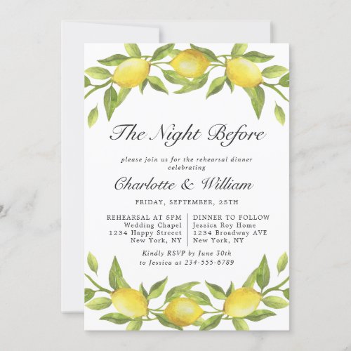 Elegant Lemon Watercolor Greenery REHEARSAL DINNER Invitation