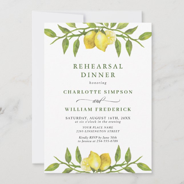 Elegant Lemon Watercolor Greenery REHEARSAL DINNER Invitation (Front)