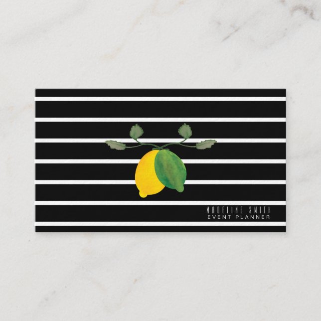 Elegant Lemon Watercolor  Stripes Black Business Card (Front)