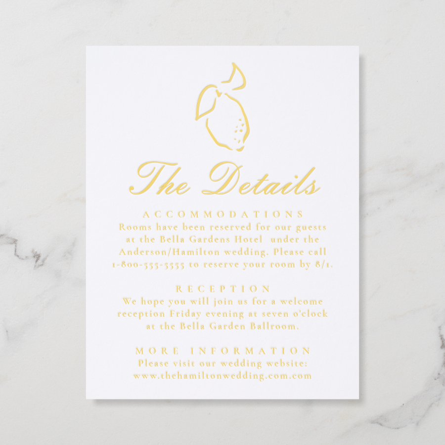 Elegant Lemon Wedding Details Letterpress Enclosure Card