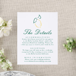 Elegant Lemon Wedding Details Letterpress Enclosure Card