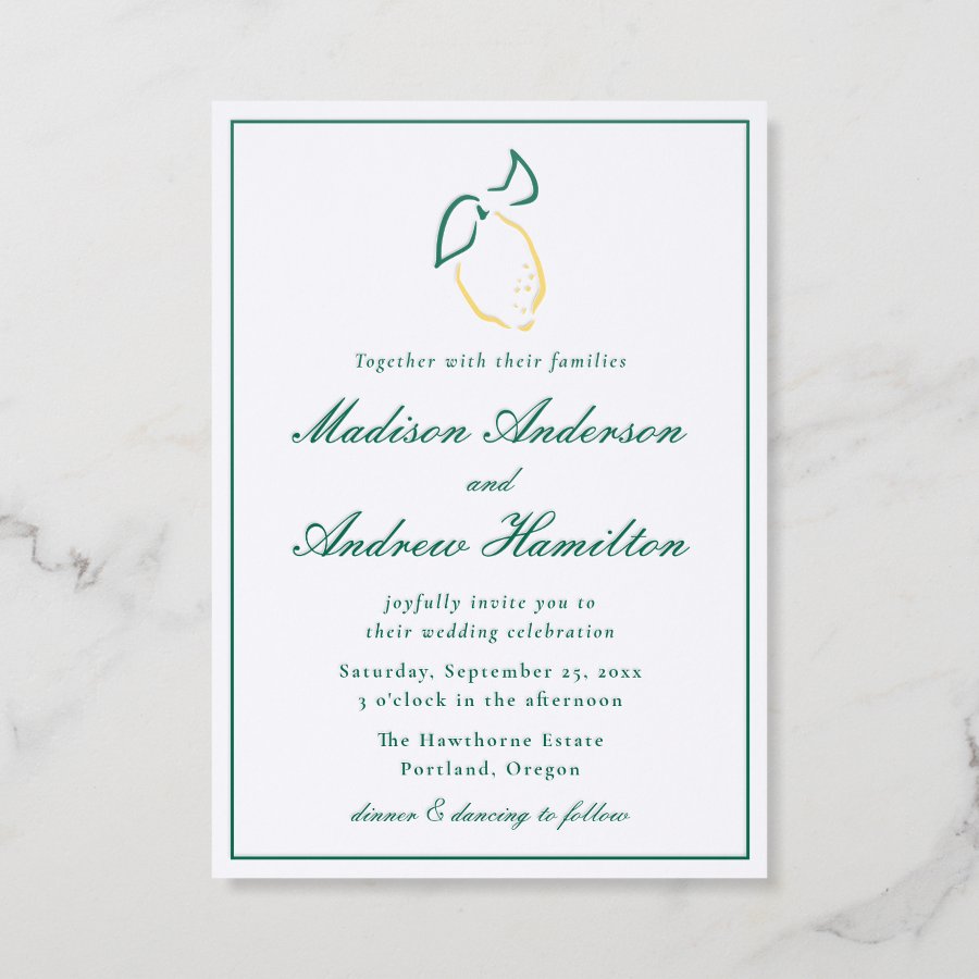 Elegant Lemon Wedding Letterpress Invitation