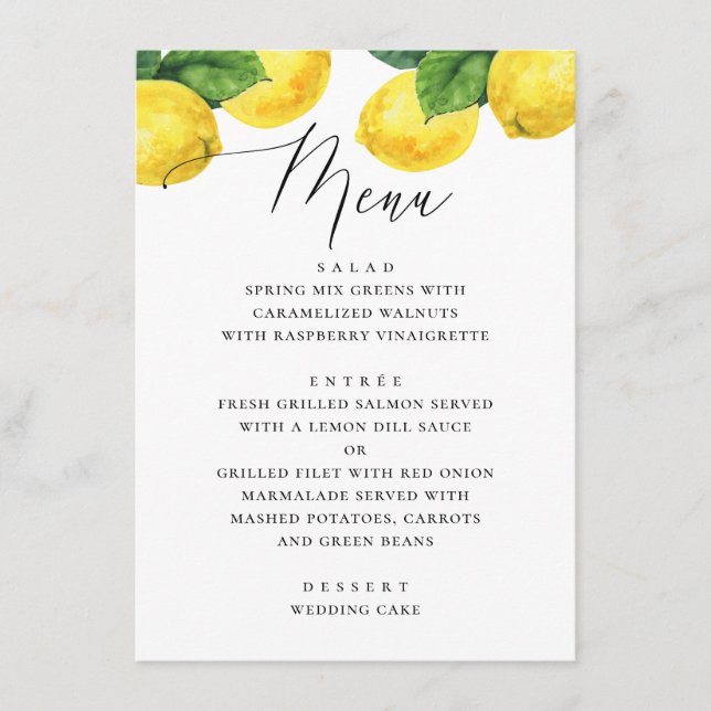 Elegant Lemon Wedding. Mediterranean Citrus Garden Menu (Front)