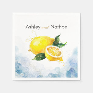 Elegant Lemon Yellow & Blue Watercolor Wedding Napkins