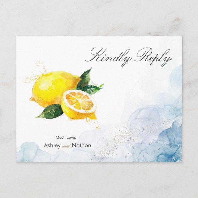 Elegant Lemon Yellow & Blue Watercolor Wedding  Postcard (Front)