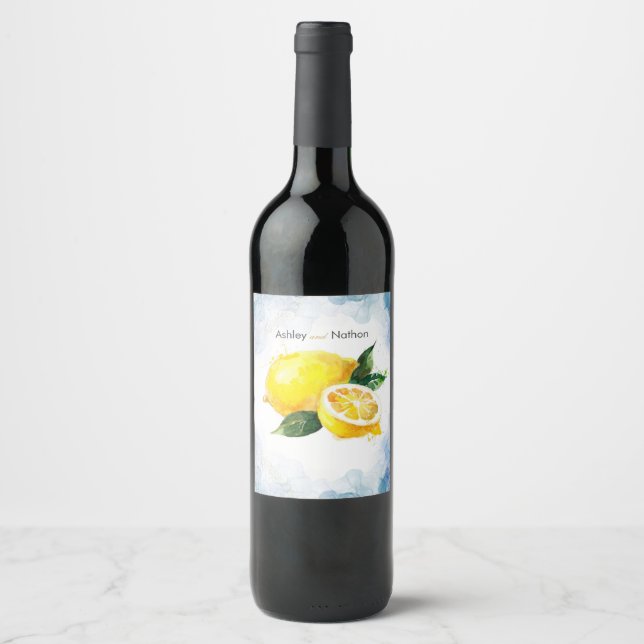 Elegant Lemon Yellow & Blue Watercolor Wedding Wine Label (Front)