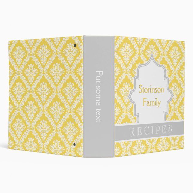 Elegant lemon yellow, grey damask recipe 3 ring binder (Background)