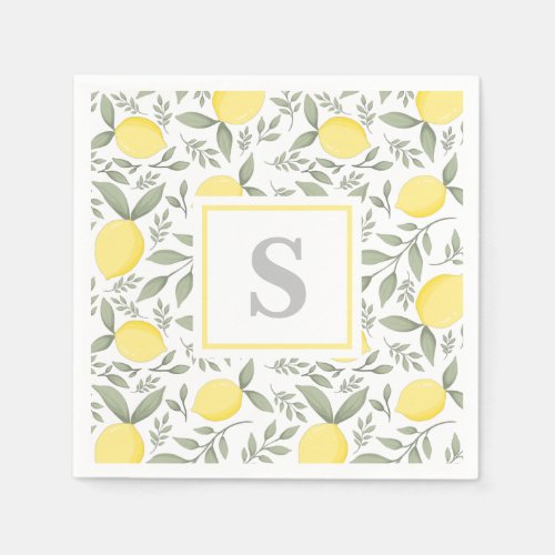 Elegant Lemons and Leaves Pattern Monogram Napkins