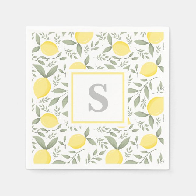 Elegant Lemons and Leaves Pattern Monogram Napkins (Front)