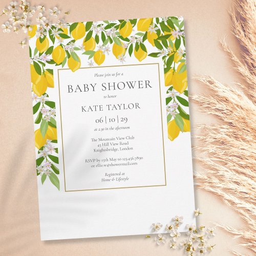 Elegant Lemons Blossom Greenery Baby Shower Invitation