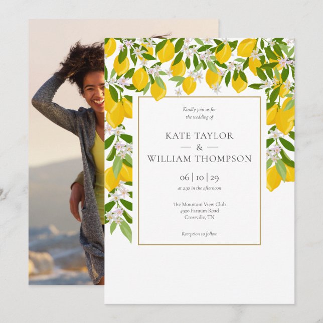 Elegant Lemons Blossom Greenery Photo Wedding Invi Invitation (Front/Back)