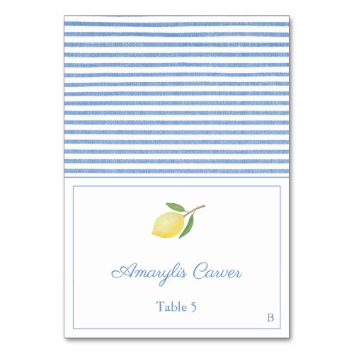 Elegant Lemons Blue Seersucker Stripes Place Card