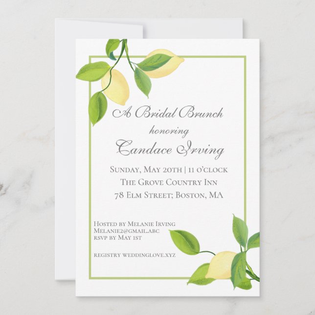 Elegant Lemons Bridal Shower Brunch Invitation (Front)