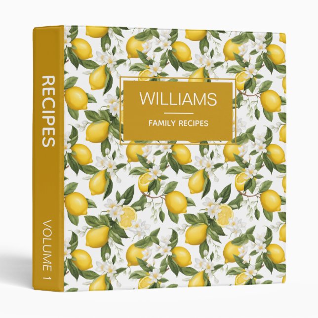 Elegant Lemons Citrus Family Recipes Сookbook 3 Ring Binder (Front/Spine)