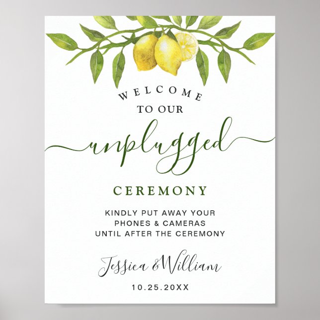 Elegant Lemons Floral Unplugged Wedding Ceremony Poster (Front)
