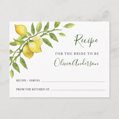 Elegant Lemons Greenery Bridal Shower Recipe Card