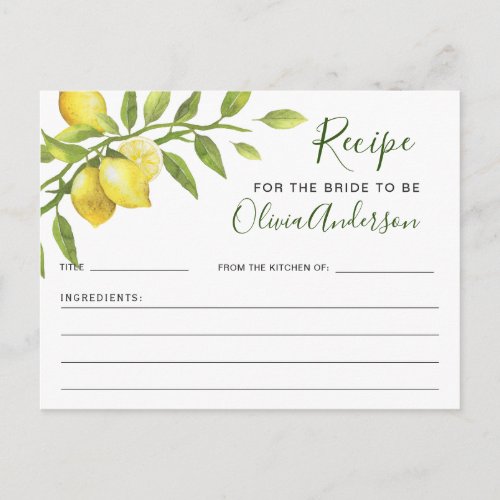 Elegant Lemons Greenery Bridal Shower Recipe Card