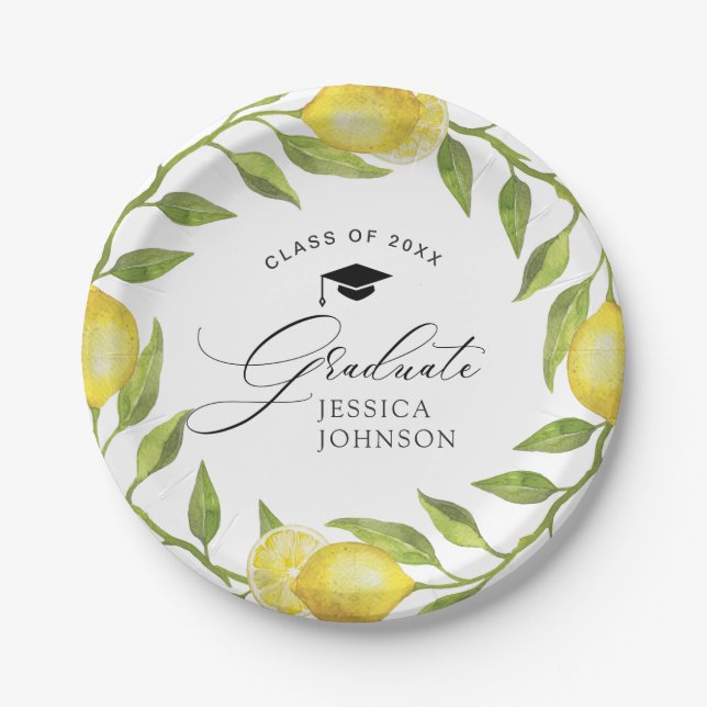 Elegant Lemons Greenery Chic Graduation Party Paper Plates (Front)
