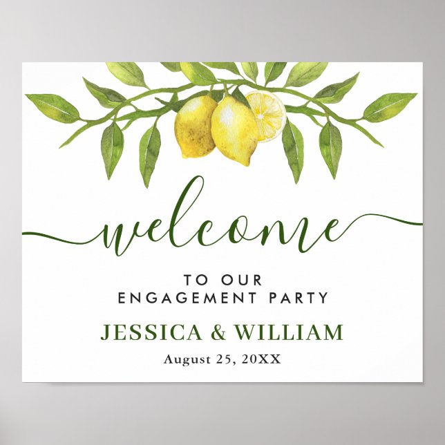 Elegant Lemons Greenery ENGAGEMENT PARTY Welcome Poster (Front)