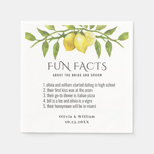 Elegant Lemons Greenery Fun Facts Wedding Napkins