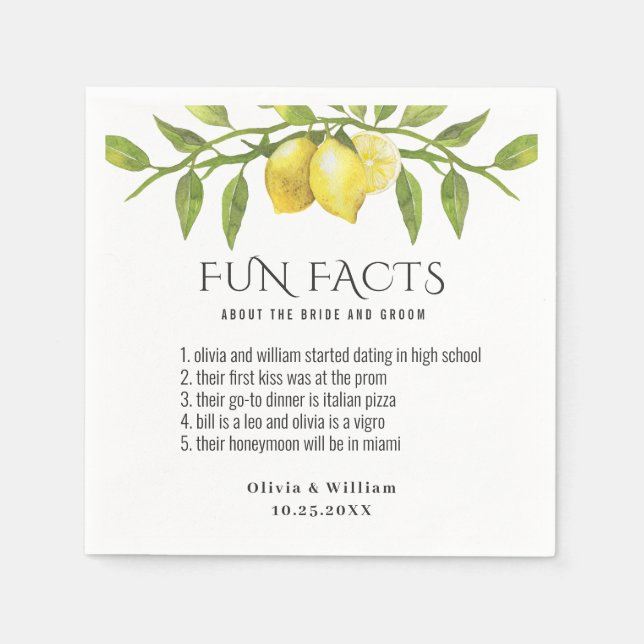 Elegant Lemons Greenery Fun Facts Wedding Napkins (Front)