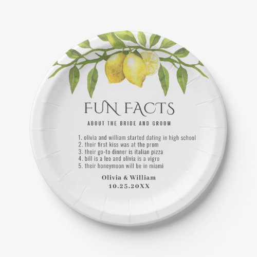 Elegant Lemons Greenery Fun Facts Wedding Paper Plates