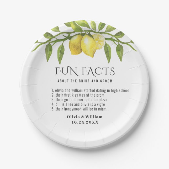 Elegant Lemons Greenery Fun Facts Wedding Paper Plates (Front)