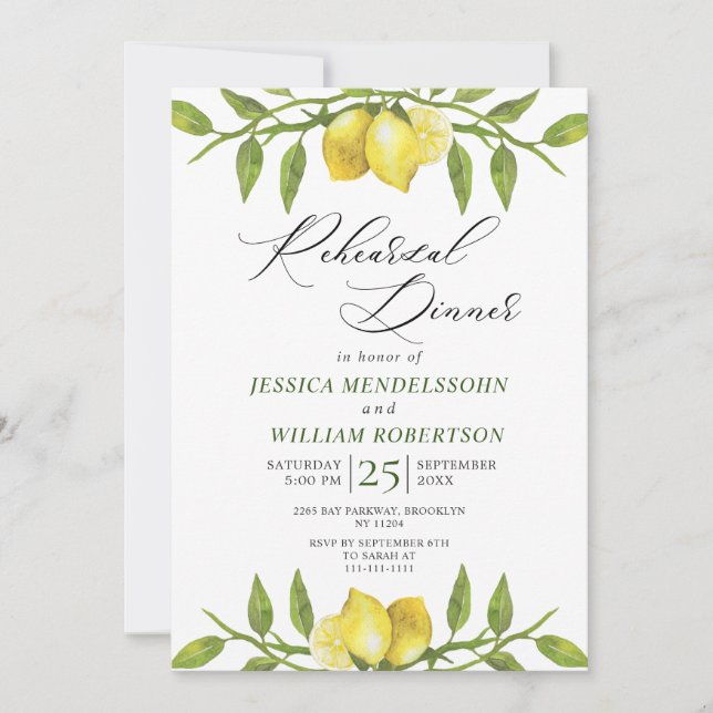 Elegant Lemons Greenery Modern Rehearsal Dinner Invitation (Front)