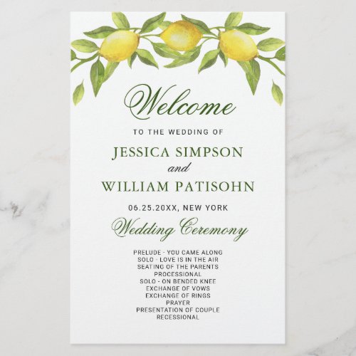 Elegant Lemons Greenery Wedding Ceremony Program