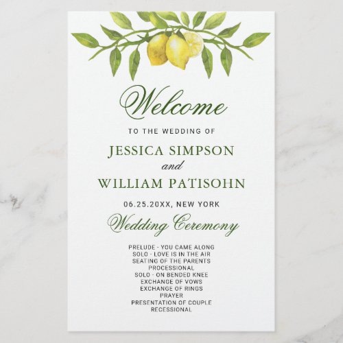 Elegant Lemons Greenery Wedding Ceremony Program