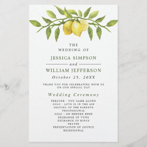 Elegant Lemons Greenery Wedding Ceremony Program