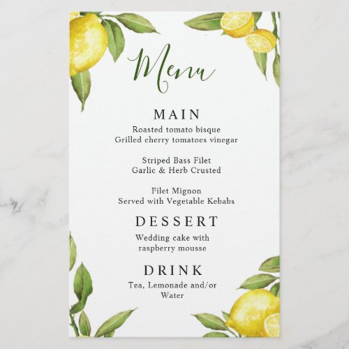 Elegant Lemons Greenery Wedding Dinner Menu