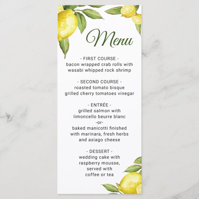 Elegant Lemons Greenery Wedding Dinner Menu (Front)